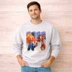 Man wearing a Christmas Elf & Reindeer Sweatshirt featuring charming elf and reindeer design on a cozy gray background.
