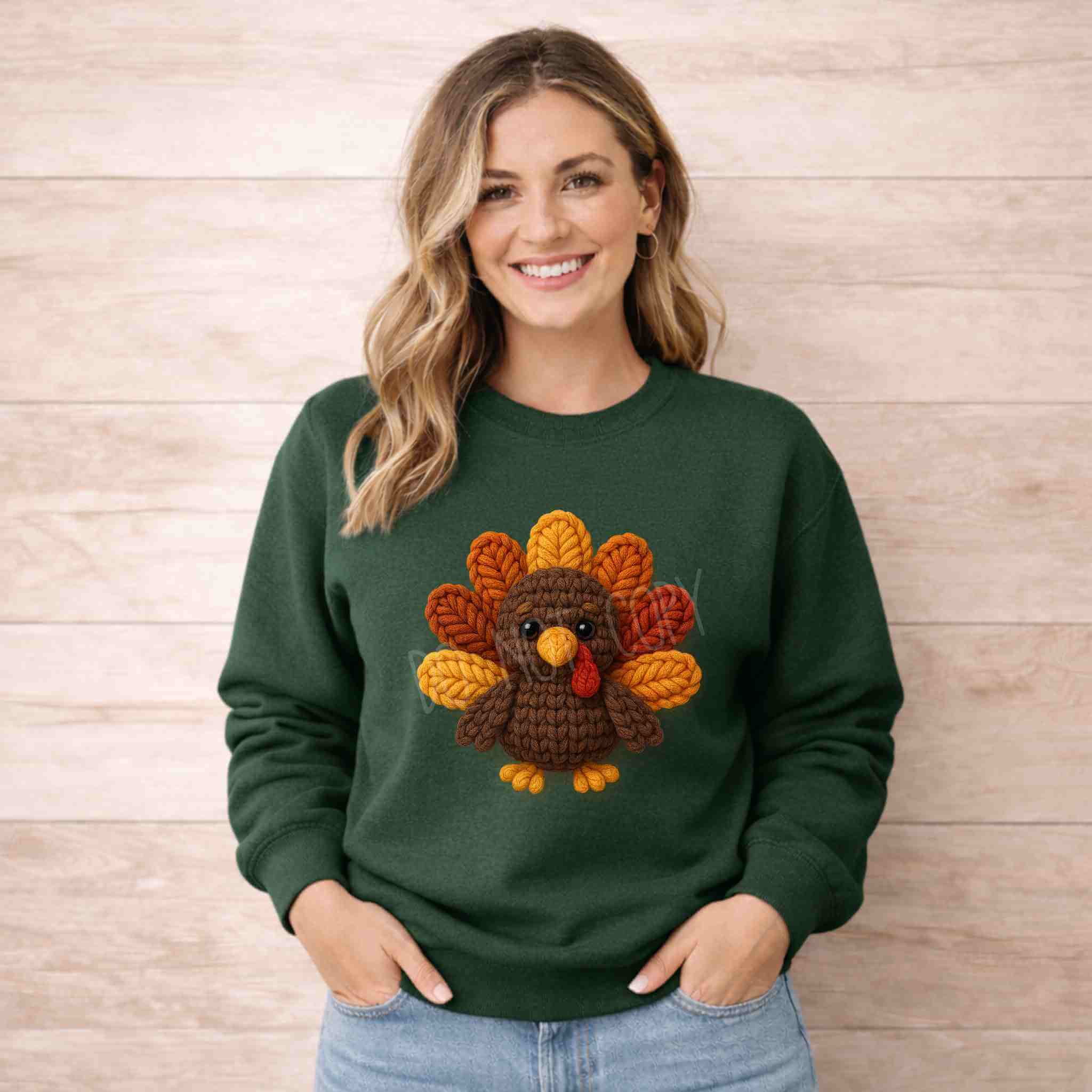 Thanksgiving Turkey Sweatshirt featuring a woman wearing a cozy green sweatshirt with a colorful turkey design.