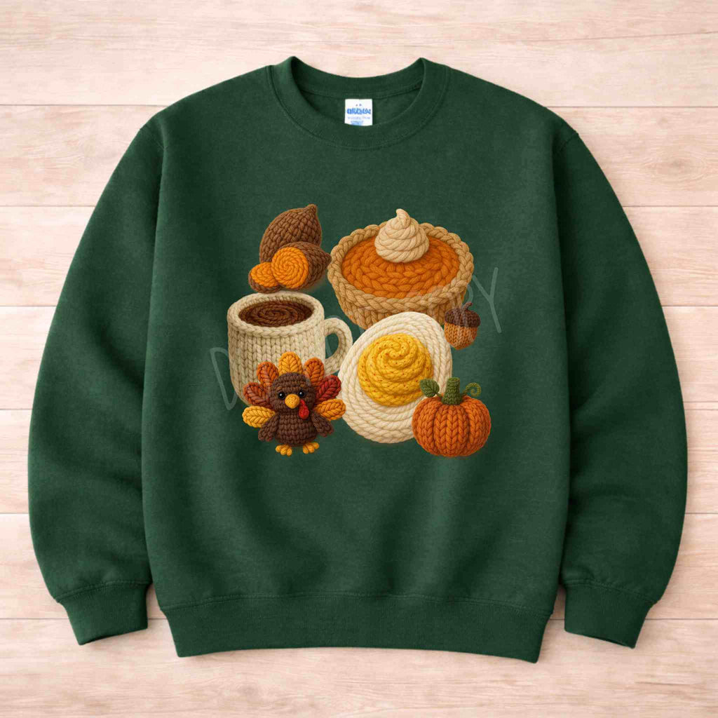 Autumn Thanksgiving Food Sweatshirt featuring fall-themed designs like pumpkin pie, turkey, and autumn treats.