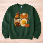 Autumn Thanksgiving Food Sweatshirt featuring fall-themed designs like pumpkin pie, turkey, and autumn treats.