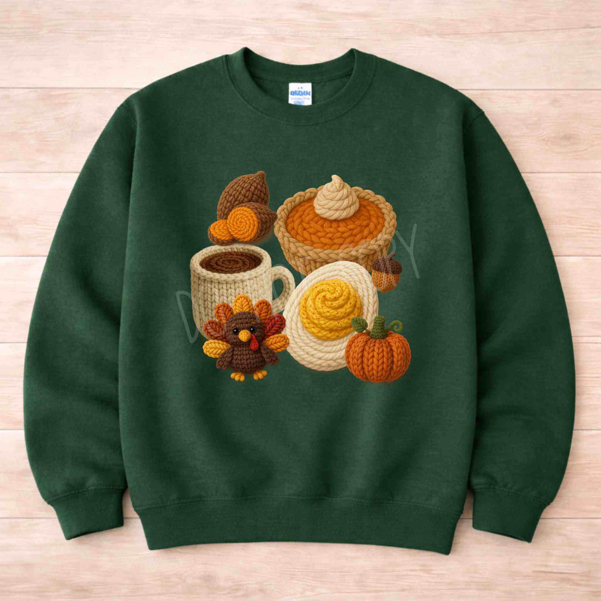 Autumn Thanksgiving Food Sweatshirt featuring fall-themed designs like pumpkin pie, turkey, and autumn treats.