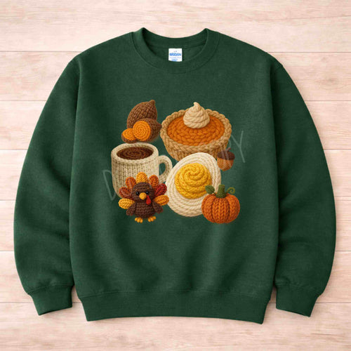 Autumn Thanksgiving Food Sweatshirt featuring fall-themed designs like pumpkin pie, turkey, and autumn treats.