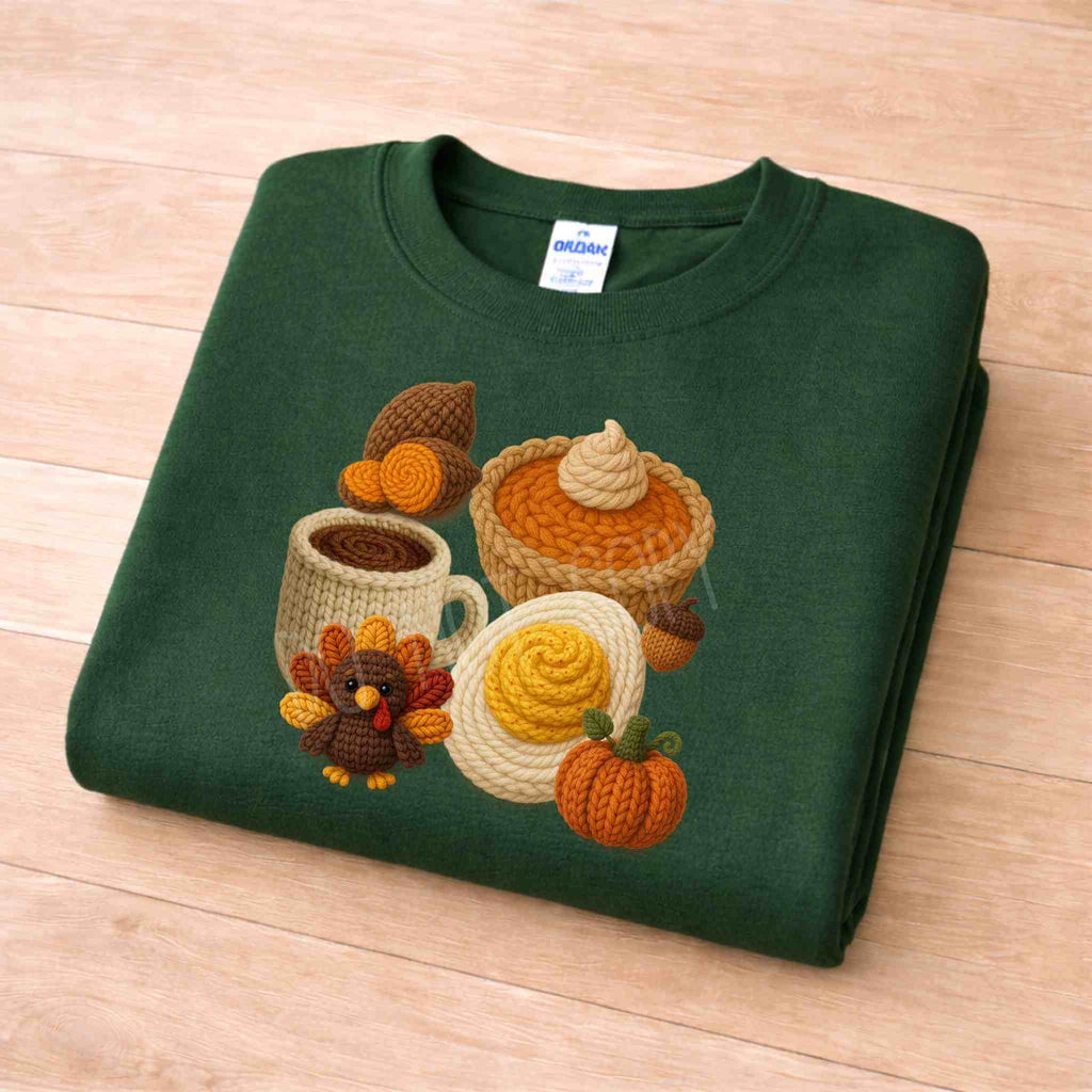 Autumn Thanksgiving Food Sweatshirt featuring cozy autumn treats like coffee, pie, and a turkey design.