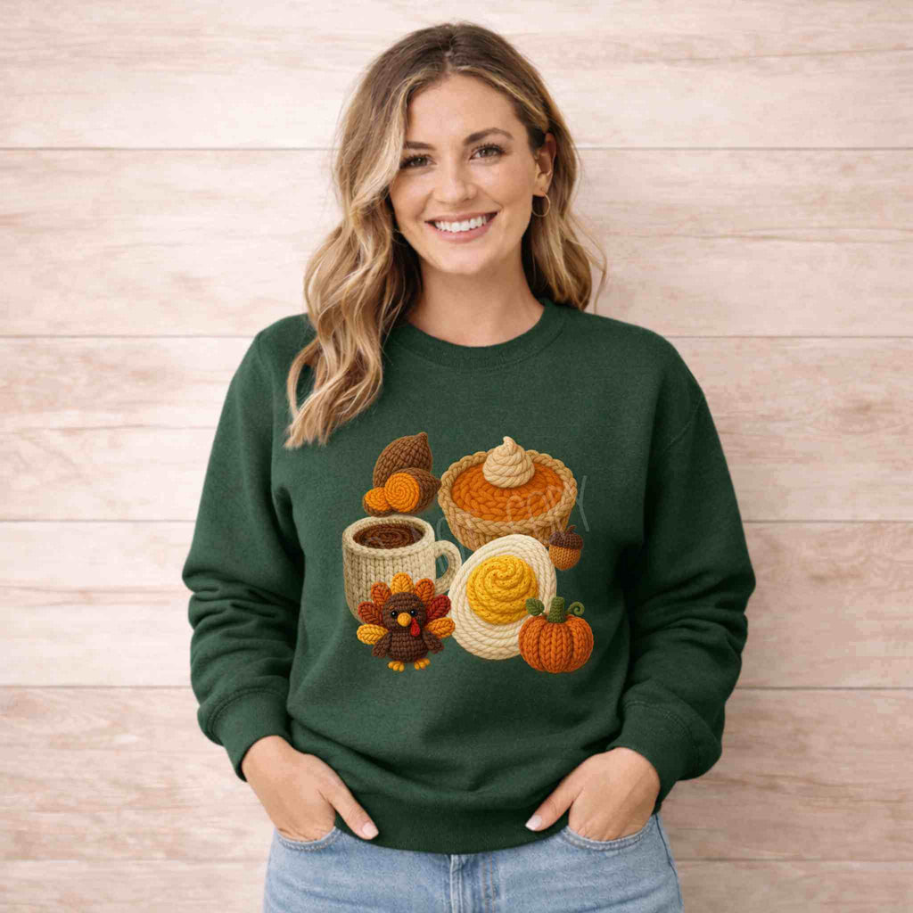 Woman wearing an Autumn Thanksgiving Food Sweatshirt featuring cozy autumn food designs.