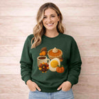 Woman wearing an Autumn Thanksgiving Food Sweatshirt featuring cozy autumn food designs.