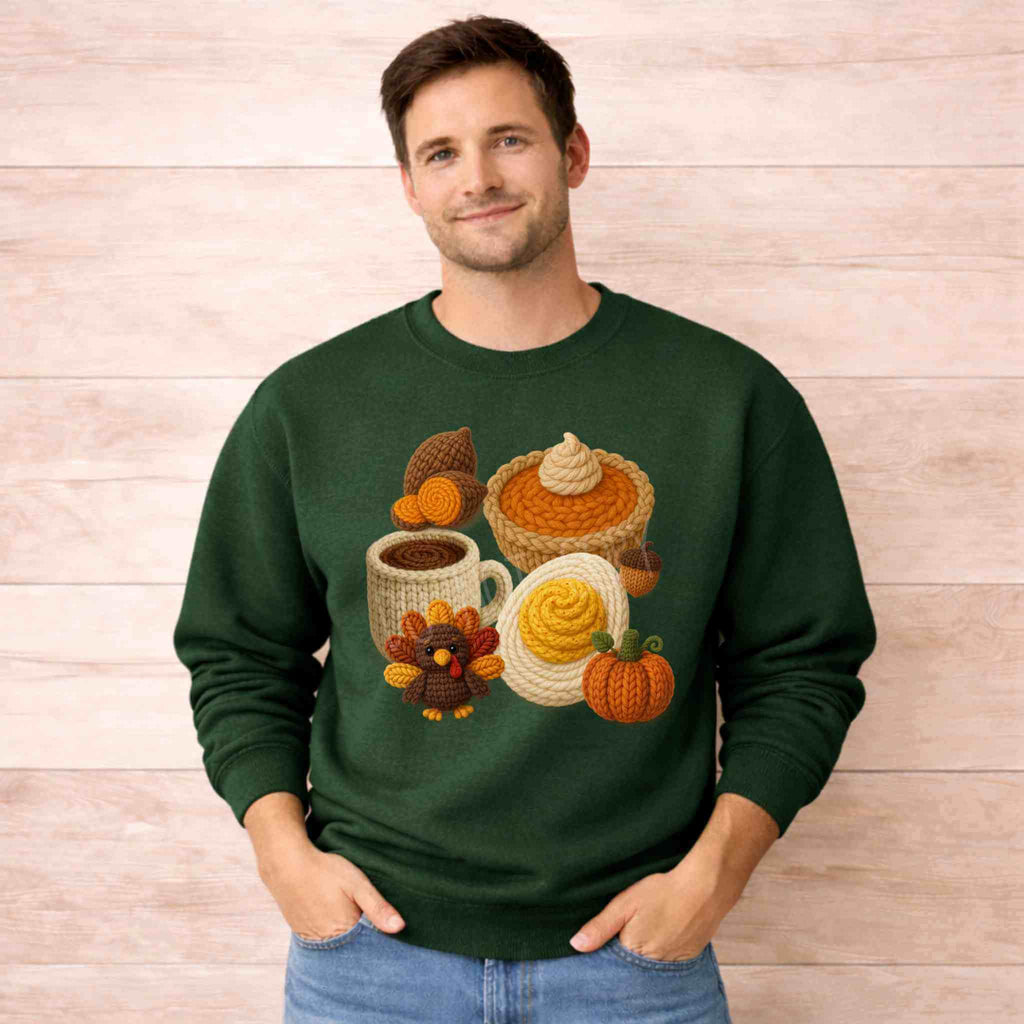 Man wearing Autumn Thanksgiving Food Sweatshirt featuring pumpkin and festive autumn designs.