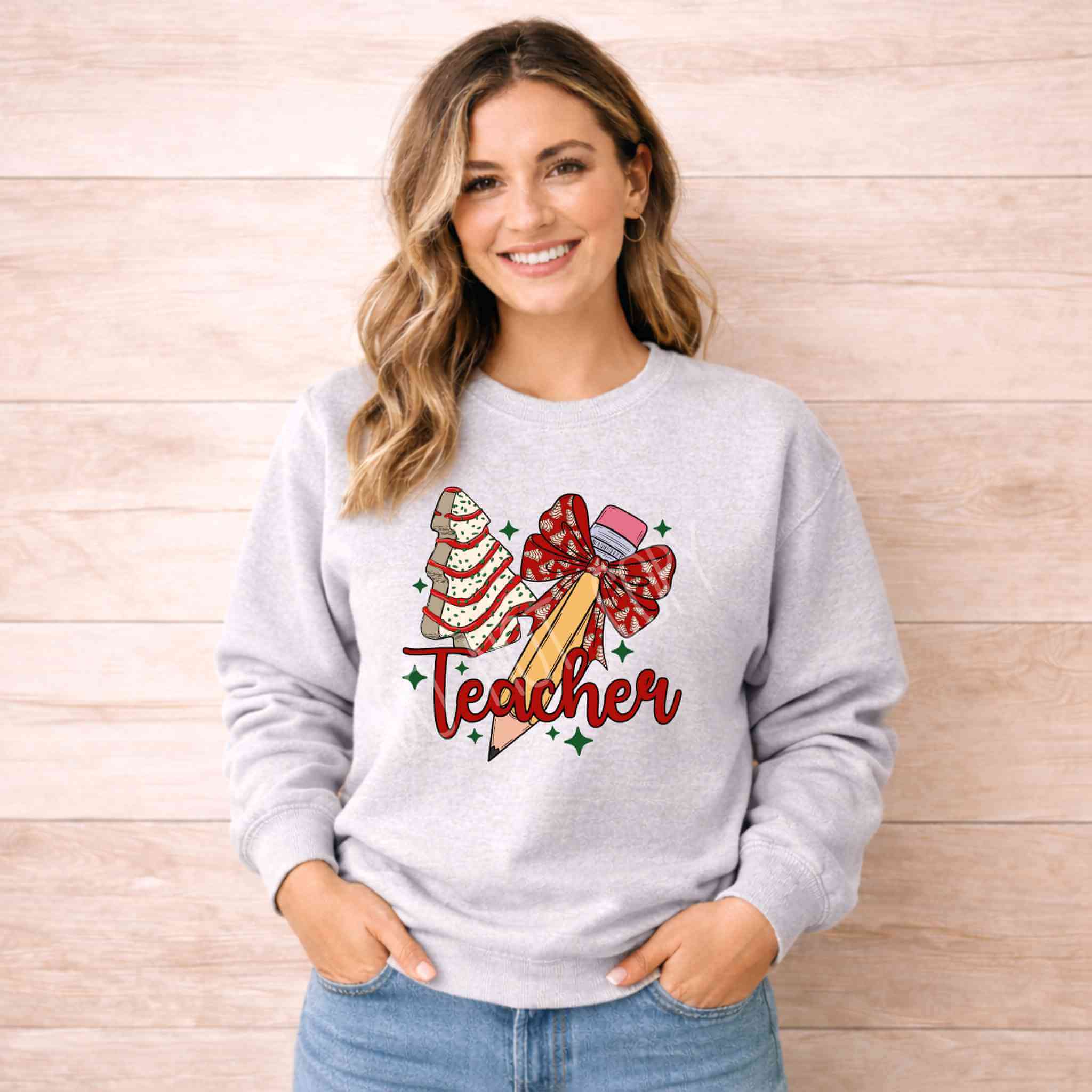 Teacher Christmas Sweatshirt Holiday Comfort and Style worn by a smiling woman with festive design on a cozy crewneck.