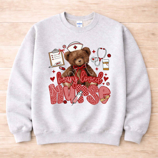 Beary Loved Nurse Sweatshirt Comfort Style and Care with teddy bear and nurse-themed icons