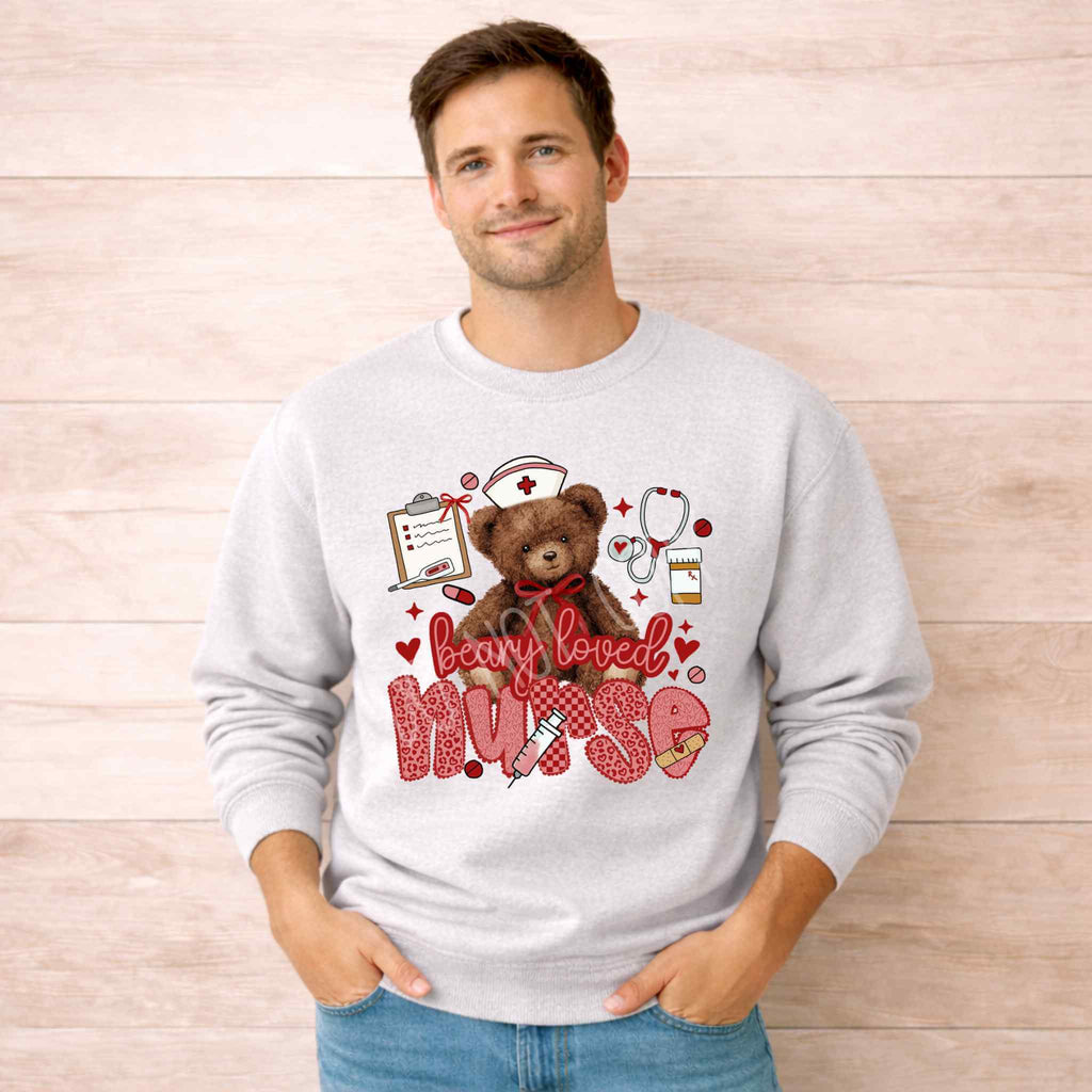 Beary Loved Nurse Sweatshirt Comfort Style and Care with teddy bear and nurse-themed icons