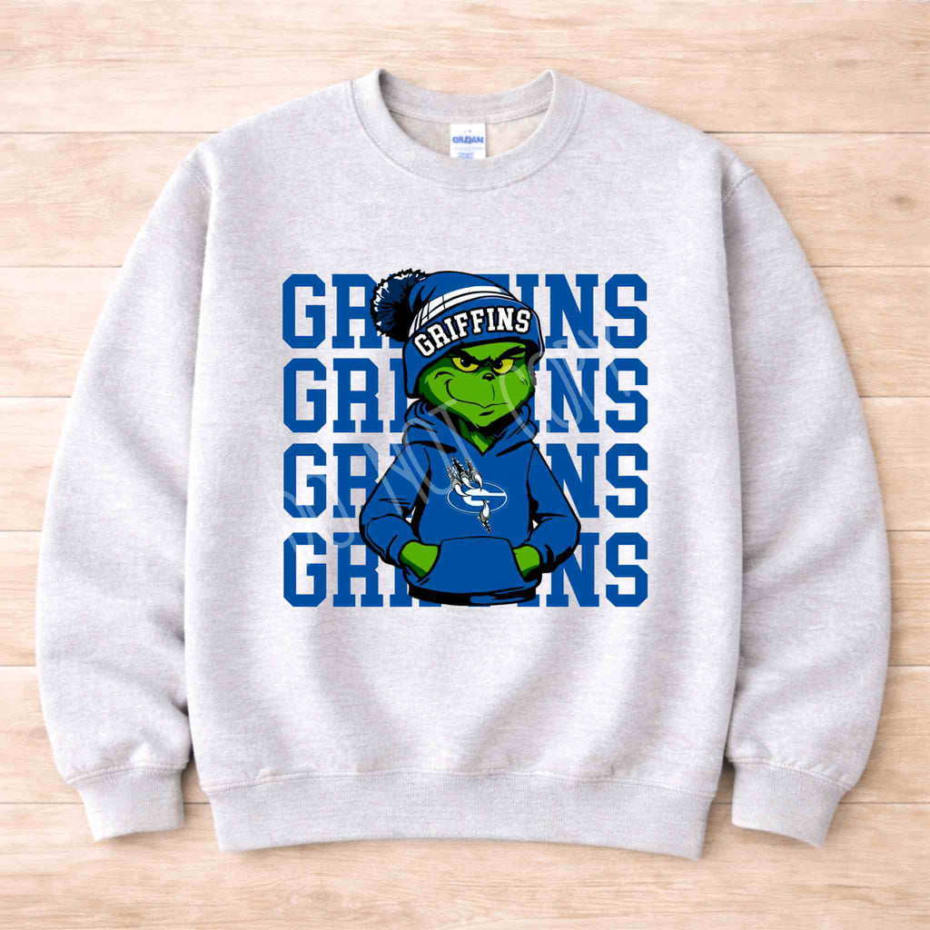 Griffins Crewneck Sweatshirt Youth Comfort and Style featuring a cool mascot in a blue hoodie.