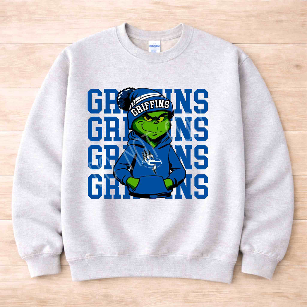Griffins Crewneck Sweatshirt Youth Comfort and Style featuring a playful green character with a blue hoodie and school spirit.