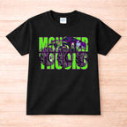 Monster Trucks Youth T Shirt Neon Green Purple Graphic Tee featuring a vibrant design on a black background.
