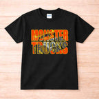 Monster Trucks Kids Shirt Youth Graphic Tee featuring bold orange and yellow graphics on a black shirt.