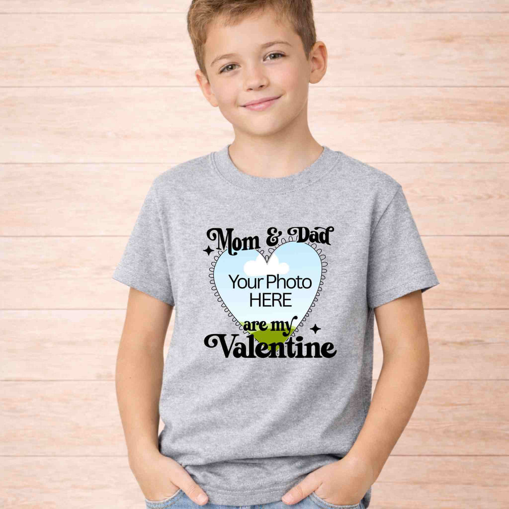 Mom And Dad Are My Valentines Kids T Shirt featuring customizable photo for children celebrating Valentine's Day.