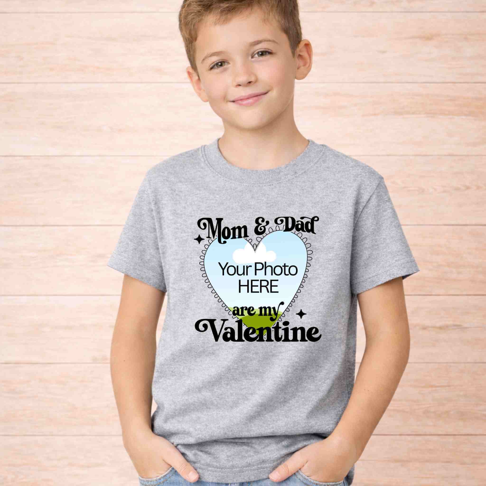 Mom And Dad Are My Valentines Kids T Shirt featuring customizable photo for children celebrating Valentine's Day.