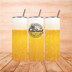 Dad Life Beer Tumbler with frothy beer design and straw on wooden background.