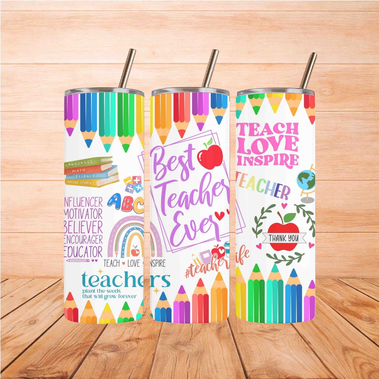 Three colorful tumblers showcasing fun designs and the phrase Best Teacher Ever, perfect for gifting educators.