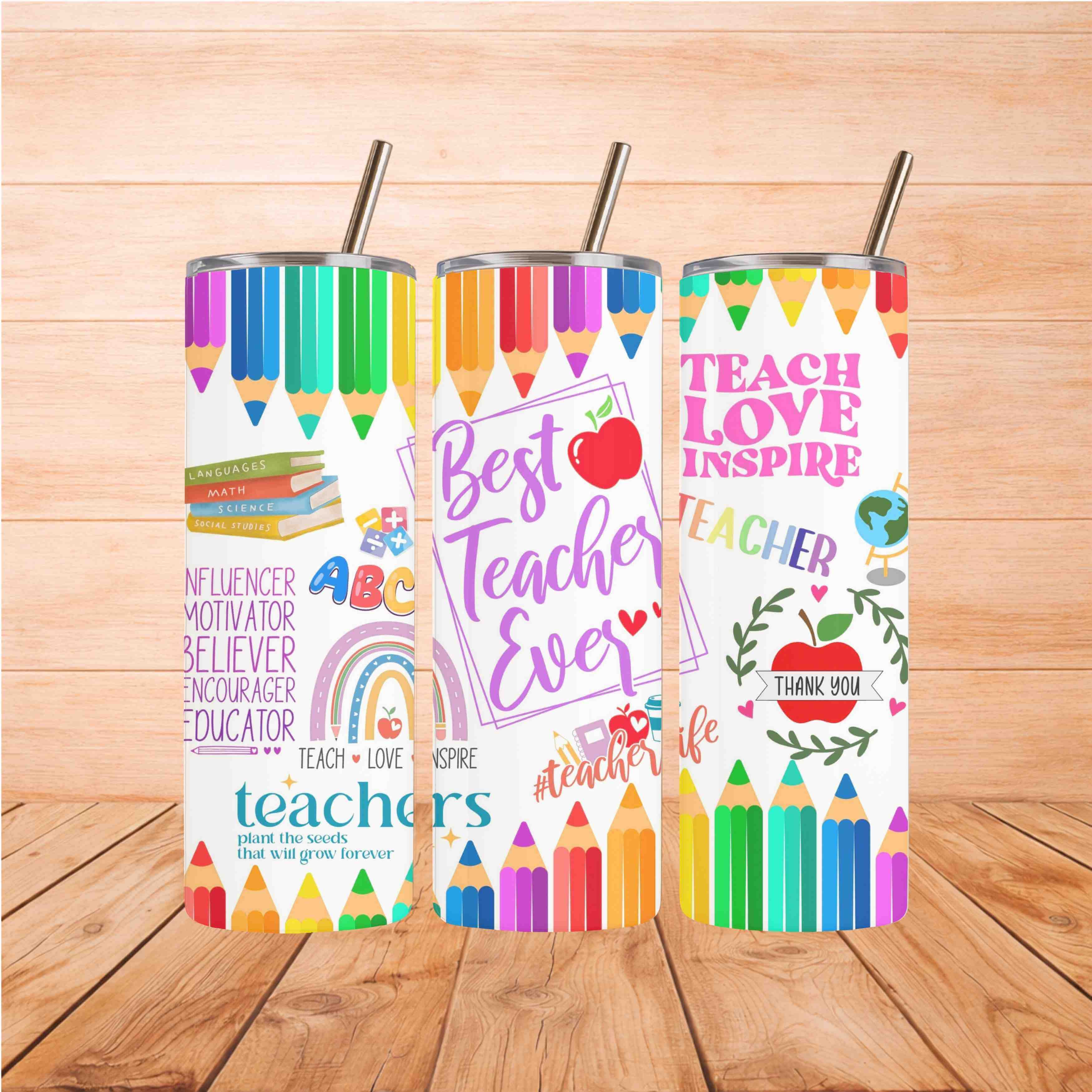 Three colorful tumblers showcasing fun designs and the phrase Best Teacher Ever, perfect for gifting educators.