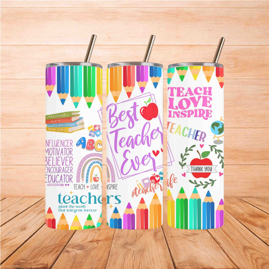 Three colorful tumblers showcasing fun designs and the phrase Best Teacher Ever, perfect for gifting educators.