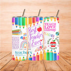 Colorful Best Teacher Ever 20oz tumblers designed to show appreciation for educators, perfect for hot and cold beverages.
