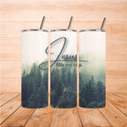 Jesus Fills My Cup 20oz Tumbler Durable and Inspiring with forest design and stainless steel straw.