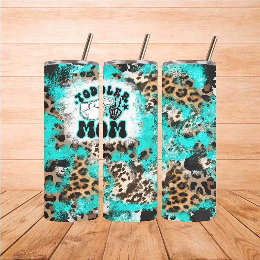 Toddler Mom 20oz Tumbler Durable and Stylish showcasing teal and leopard print design.