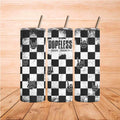 Grunge Checkerboard Tumbler featuring a distressed checkerboard design and edgy graphics, perfect for trendy drinkware.