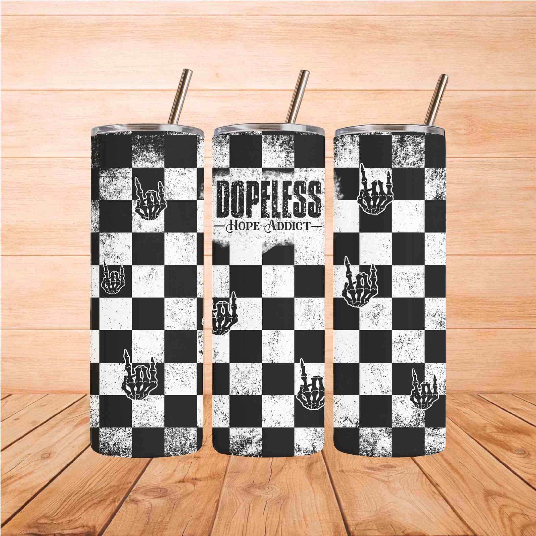 Grunge Checkerboard Tumbler featuring a distressed checkerboard design and edgy graphics, perfect for trendy drinkware.