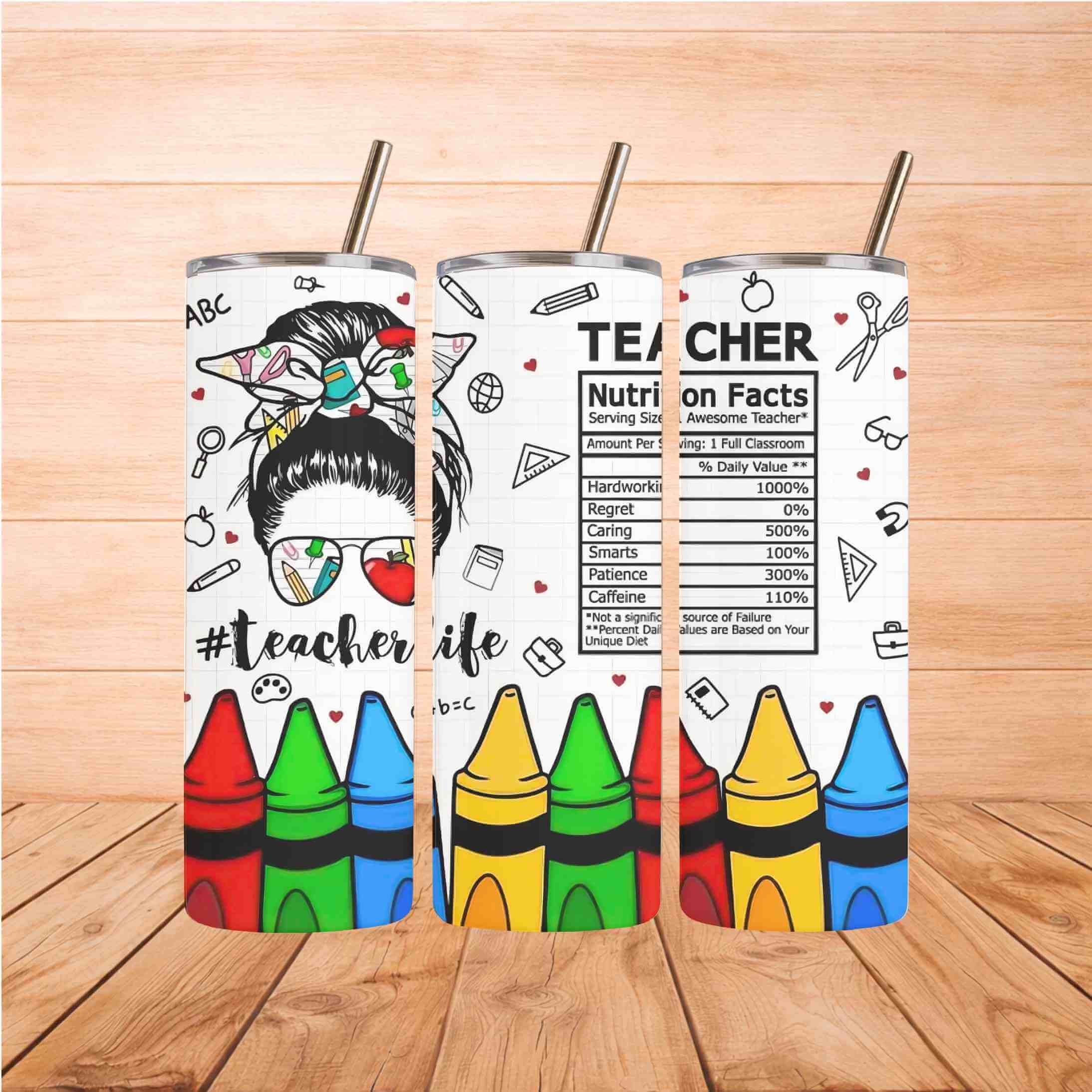 TeacherLife 20oz Tumbler Durable and Stylish with colorful design and straw on wooden table