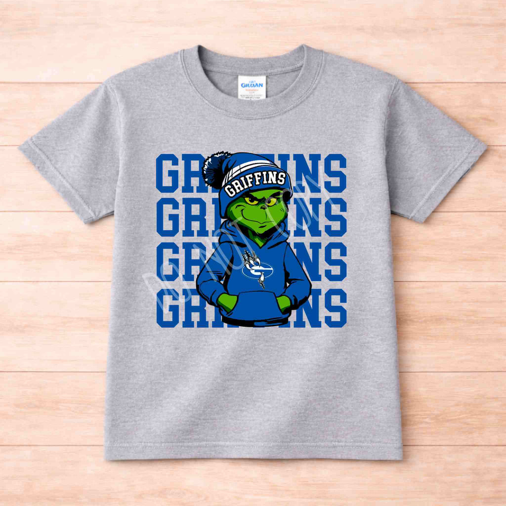 Griffins Graphic Tee Youth Comfort and School Spirit featuring a vibrant graphic design on a gray shirt.