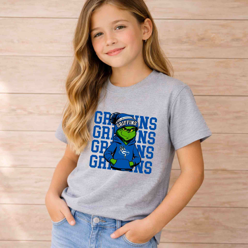 Griffins Graphic Tee Youth Comfort and School Spirit worn by a girl with long hair, smiling in a casual setting.