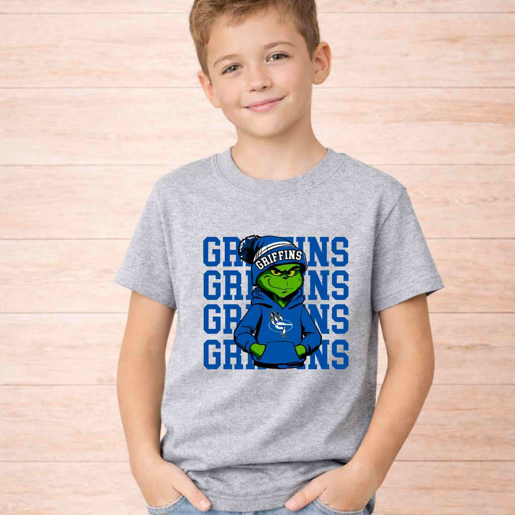 Griffins Graphic Tee Youth Comfort and School Spirit worn by a smiling boy, showcasing vibrant graphics and cozy fit.