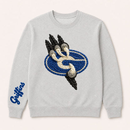 Light gray toddler sweatshirt with blue-and-white griffin emblem; blue sleeve text logo