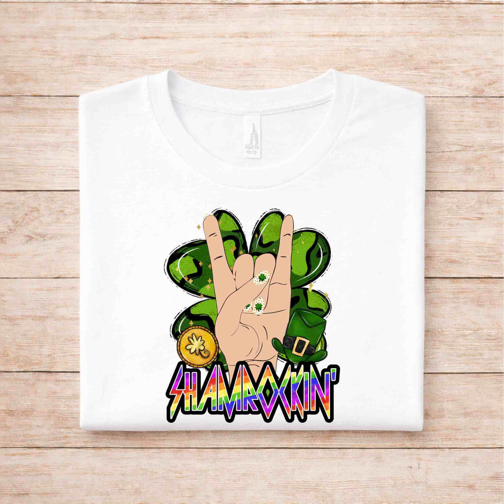 St Patricks Day Shamrockin’ Shirt featuring a hand sign and colorful shamrocks on a white tee.