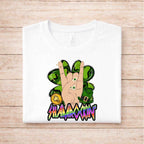 St Patricks Day Shamrockin’ Shirt featuring a hand sign and colorful shamrocks on a white tee.