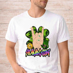 St Patricks Day Shamrockin’ Shirt with rainbow graphic design and hand gesture on a white tee