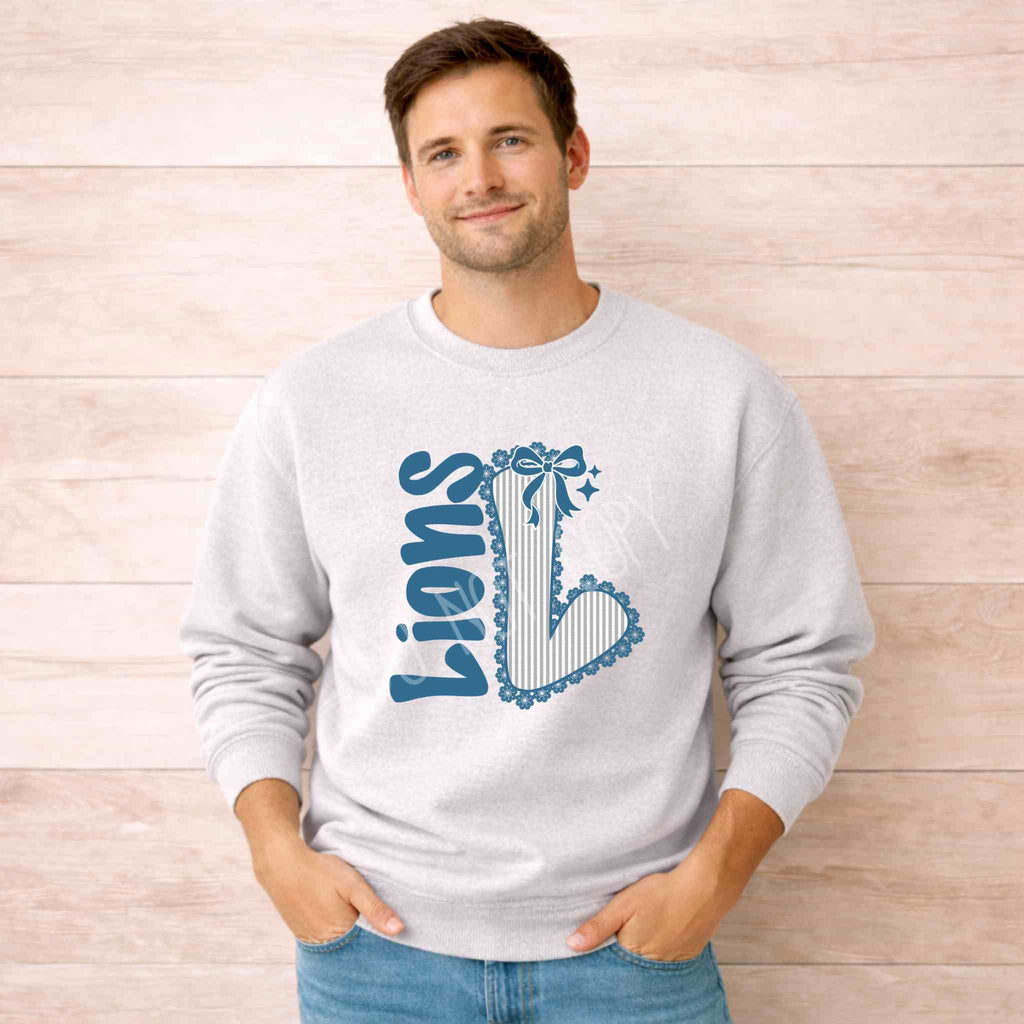 Lions School Spirit Sweatshirt featuring a bold varsity 'L' and bow detailing, perfect for school pride and stylish support.