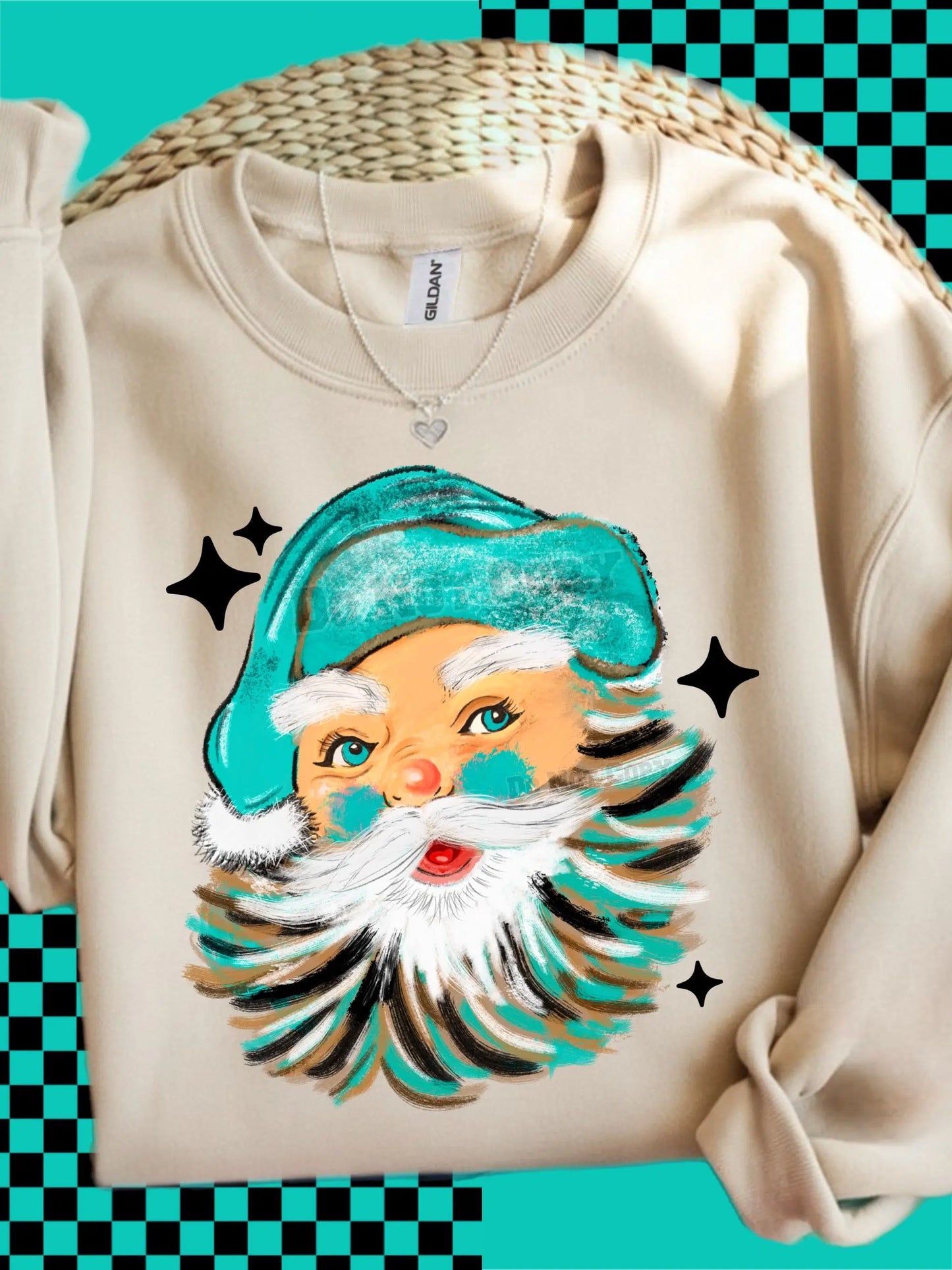 Retro Teal Santa Sweatshirt - Vintage Christmas Sweatshirt by Becca's Banging Designs - Gildan Fleece Crewneck