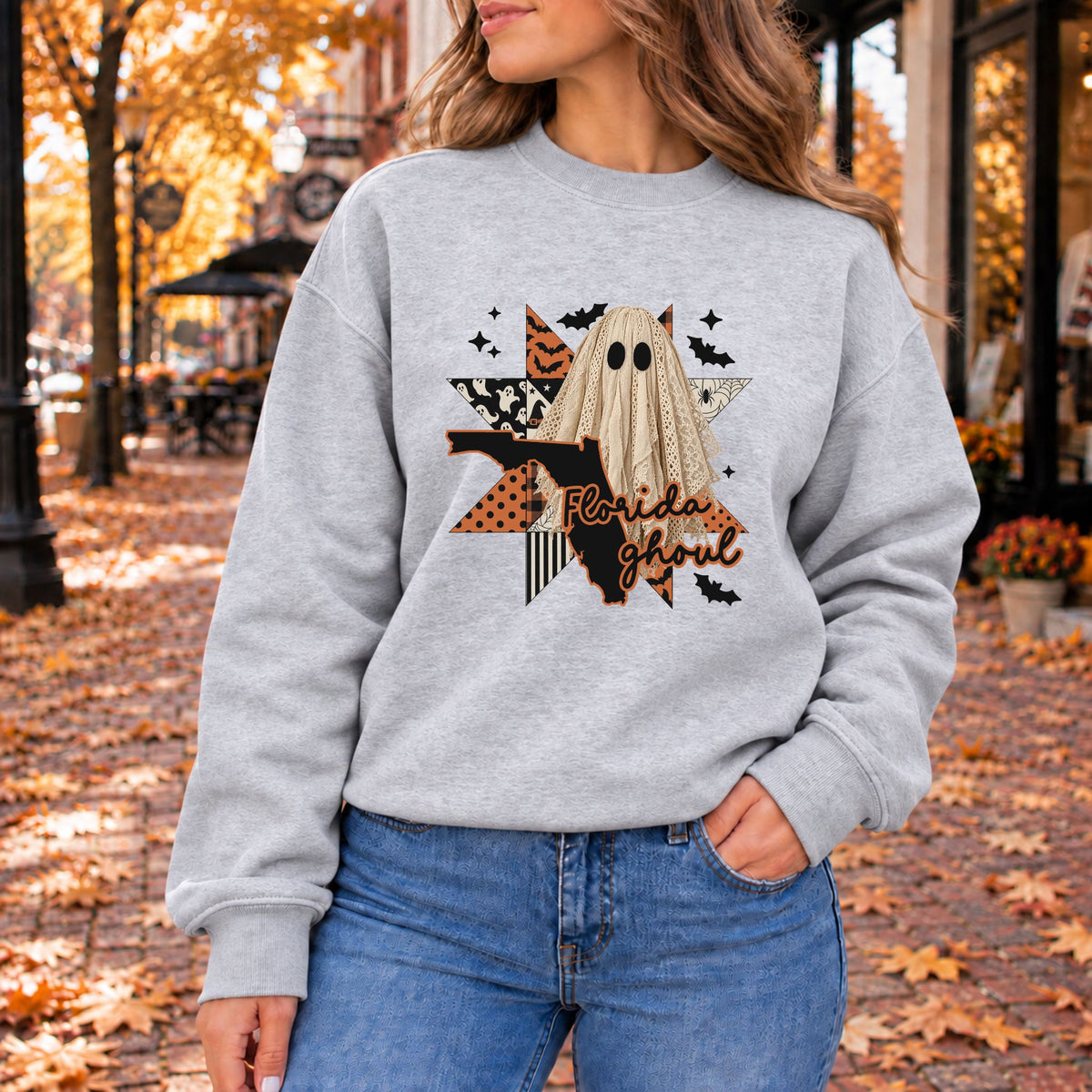 Gray crewneck sweatshirt with Florida ghoul graphic and Halloween bats, long sleeves