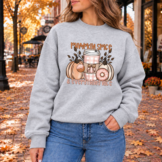 Heather gray sweatshirt with Pumpkin Spice & Everything Nice front graphic