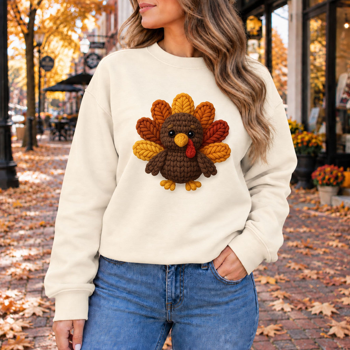 Cream sweatshirt with cartoon turkey graphic and orange leaf fan front