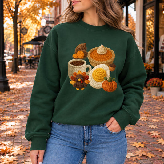 Dark green crewneck sweatshirt with crocheted Thanksgiving pumpkin and coffee cup design