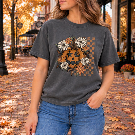 Dark gray Halloween t-shirt with floral jack-o'-lantern graphic front
