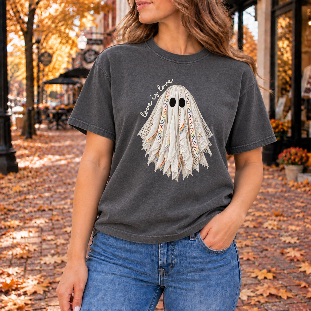Dark gray graphic tee with white lace ghost face design