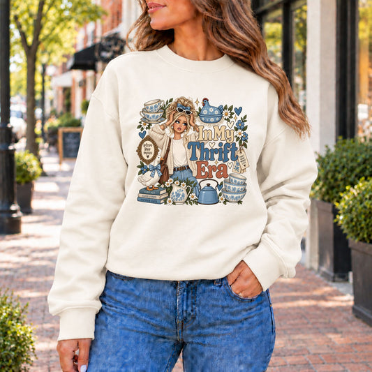Cream sweatshirt with colorful thrift-era graphic front