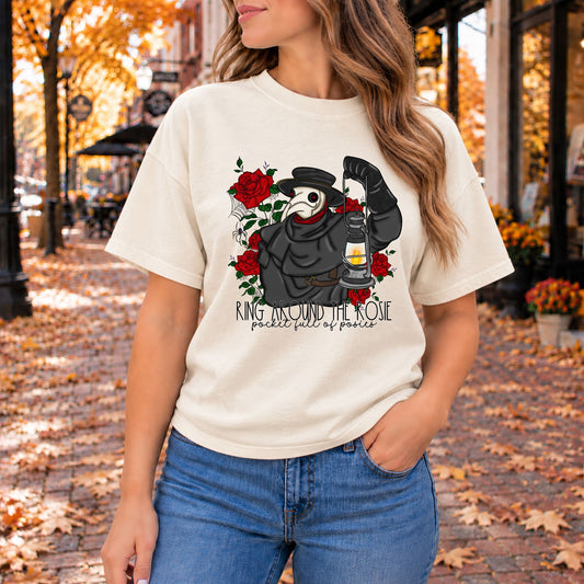 Off-white graphic tee with plague doctor and roses print