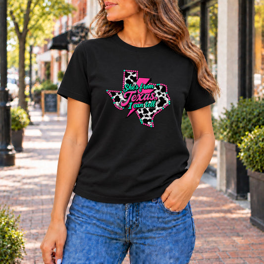 Black short-sleeve crewneck graphic tee with pink western Texas cow print