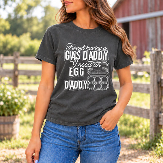 Dark gray graphic T-shirt with white Gas Daddy egg daddy text print