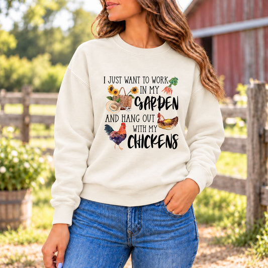 Comfort Colors garden slogan sweatshirt, light cream with floral chicken graphic