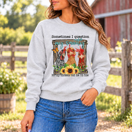 Light gray sweatshirt with colorful chicken graphic front